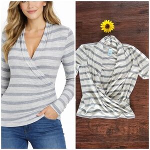 NWT Loft Top Wrap Front V Neck Gray Striped Long Sleeve 🖤